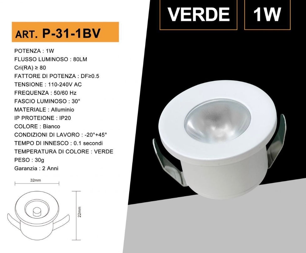 5 Pezzi,Faretti LED da Incasso 1W, Foro Ø32 mm, 80 lm, Luce 3000K/4000K/6500K o Rosso/Verde/Blu, Fascio 30°, AC 110-240V, Corpo in Alluminio, Modello P-31