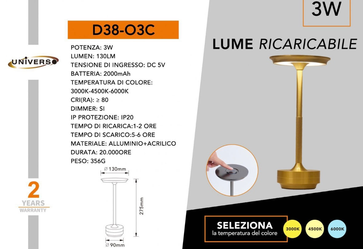 Lampada da Tavolo LED Ricaricabile 3W – Touch Dimmer, 3 Temperature di Colore 3000K/4500K/6000K, Luce Notturna Moderna in Alluminio, Senza Fili – Nero/Oro D38
