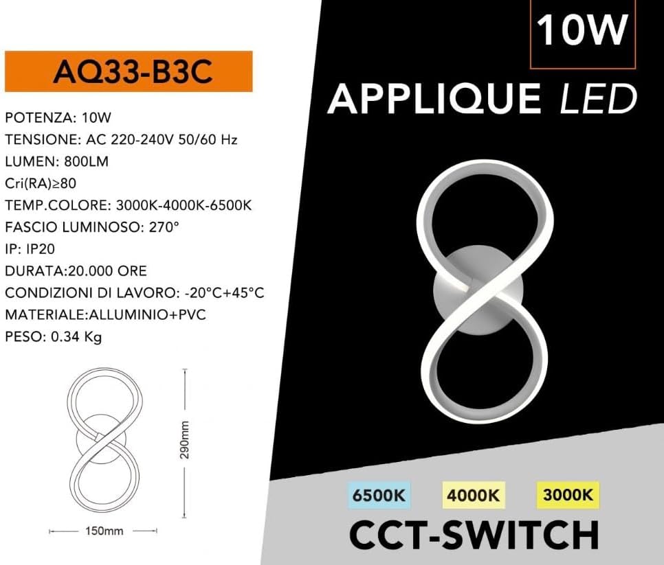 Applique LED da Parete 10W Bianco Opaco – Lampada da Muro Moderna con 3 Colori Selezionabili (3000K-4000K-6500K), Forma a 8, 800 LM, Alluminio AQ33-B3C