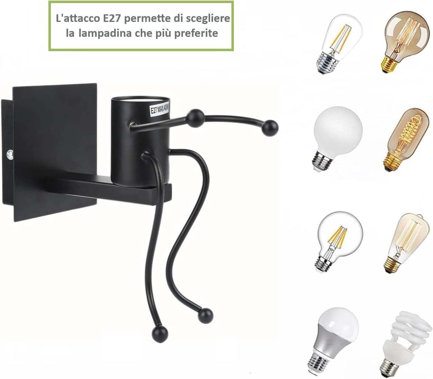 TEKHOME Applique da Muro Design Creativo con Figura Umana, E27 1x60W, Metallo Bianco/Nero, Lampada da Parete Moderna per Camera da Letto Soggiorno Corridoio AQ51