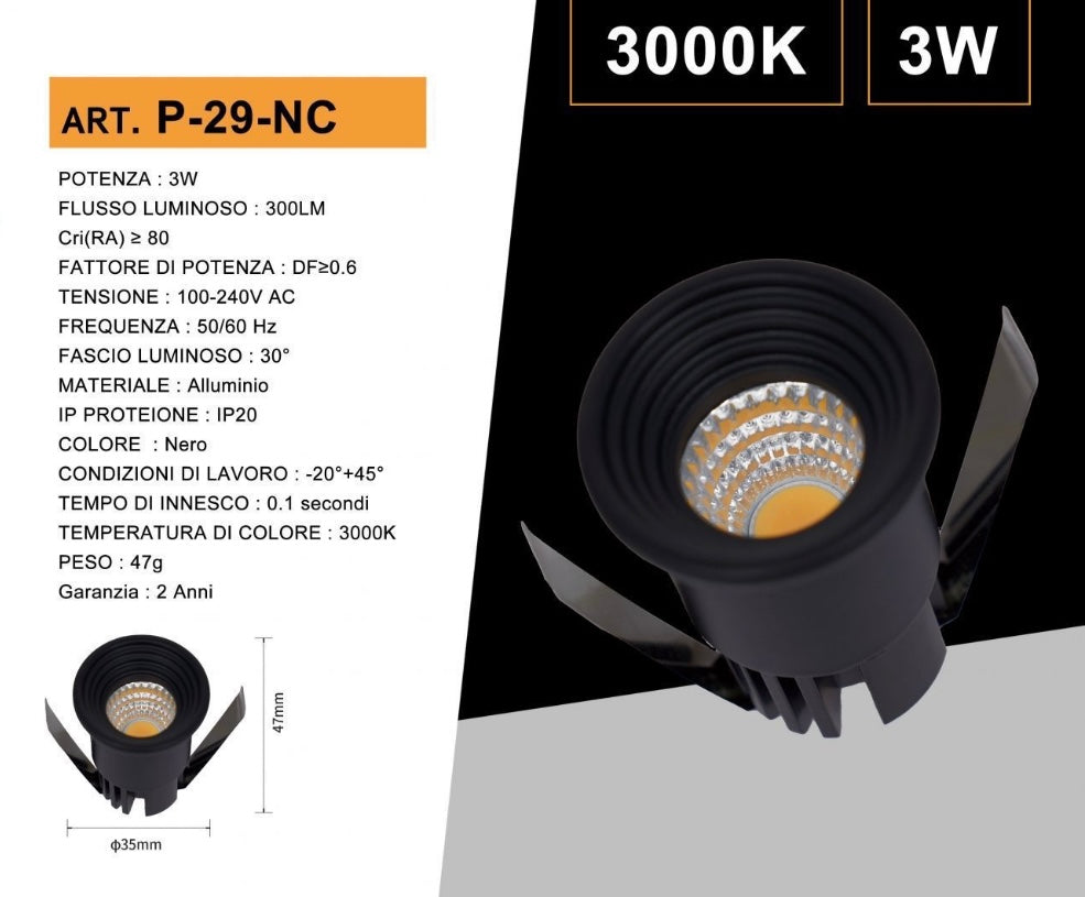 Faretti LED da Incasso 3W, Kit da 5 Pezzi, COB LED 300 lm, Foro Ø35 mm, 3000K/4000K/6500K, Fascio 30°, AC 100-240V, Corpo in Alluminio, Faretto da Soffitto per Casa, Negozi e Uffici,P-29