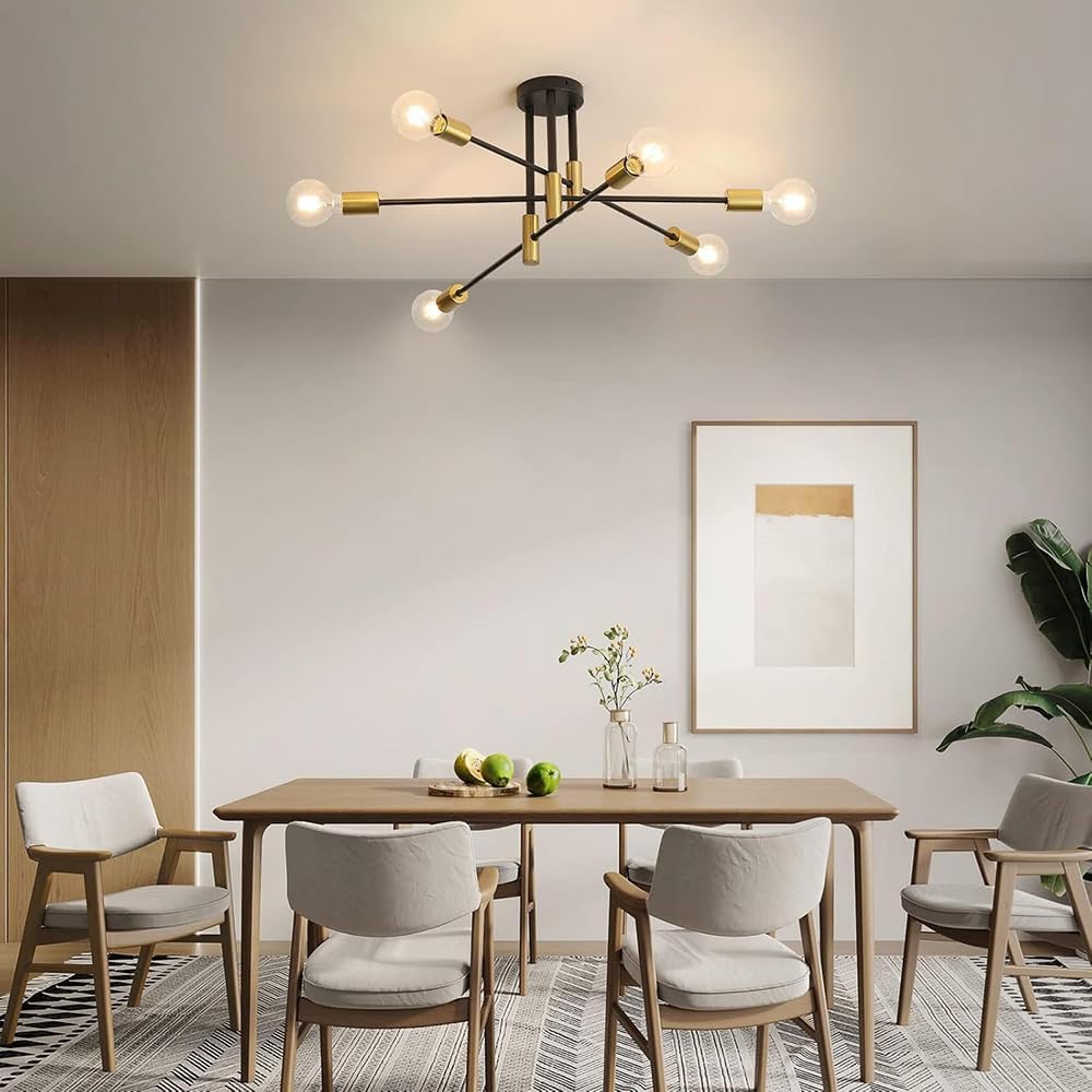 Plafoniera Moderna a Soffitto E27, Lampadario 6 Luci in Metallo Nero e Ottone, Stile Industriale per Soggiorno Cucina Camera da Letto – Attacco E27 (Lampadina Non Inclusa) PN-14