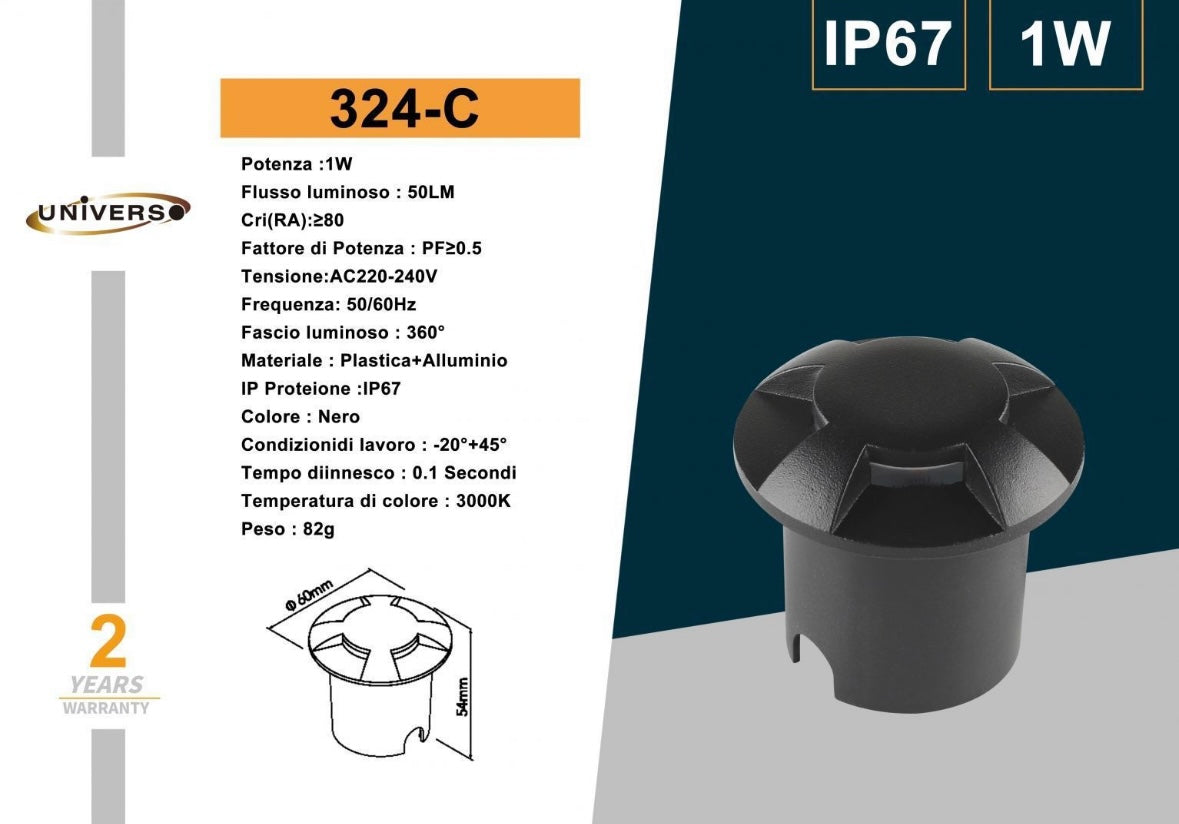 Faretto da Incasso da Terra LED IP67 1W per Esterno, Corpo Nero, Ultra Resistente, Illuminazione per Giardino, Scale, Percorsi – 360° Fascio Luminoso-324