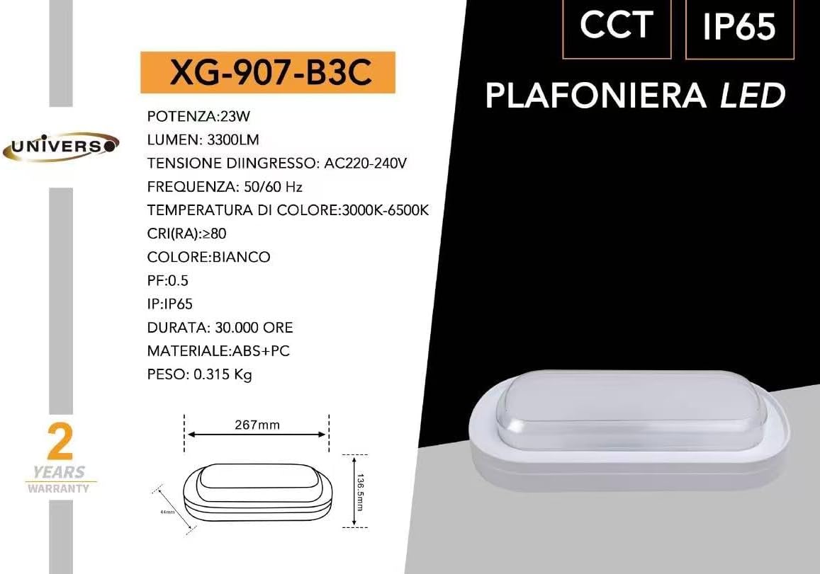 Plafoniera LED 23W IP65 CCT 3000K-4000K-6500K, Lampada da Soffitto Impermeabile in ABS+PC, 3300LM, per Bagno, Garage, Balcone, Giardino – Bianco/Nero XG-907
