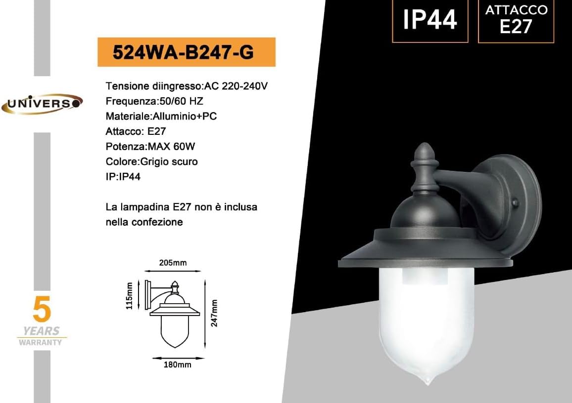 Applique da Esterno E27 IP44, Lampada da Parete Classica in Alluminio e PC, Attacco E27 (Lampadina no), Impermeabile per Facciata, Balcone e Giardino - Bianco/Grigio B247