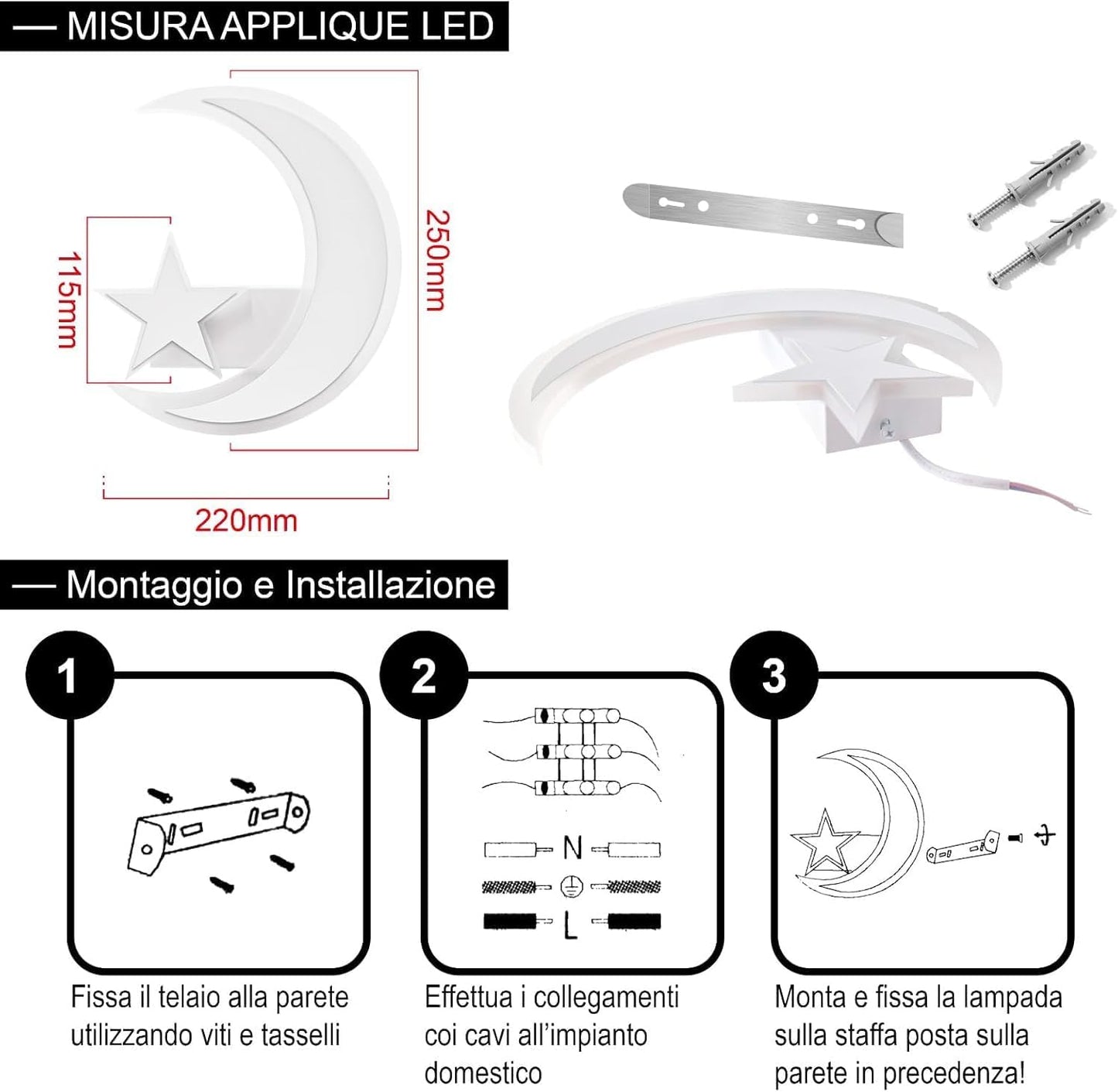 TEKHOME Applique da muro LED 11W design luna e stella, lampada decorativa da parete moderna 3000K-6500K, bianco E47-3C