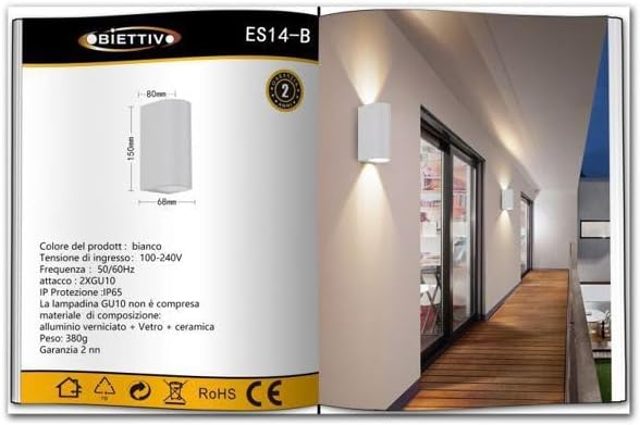 Applique da Esterno 2xGU10 IP65 – Lampada da Parete LED a Doppia Luce su e Giù, Impermeabile, in Alluminio Verniciato, Design Moderno per Facciata, Balcone o Giardino ES14