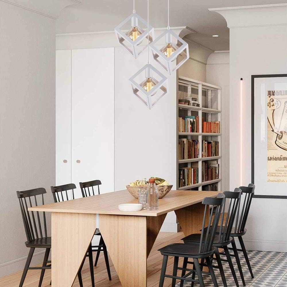 Lampadario a Sospensione con 3 Cubi Metallo, Attacco E27, Stile Moderno Industriale per Cucina Soggiorno Camera da Letto – 120cm Regolabile.Bianco/Nero/Marrone LP-47