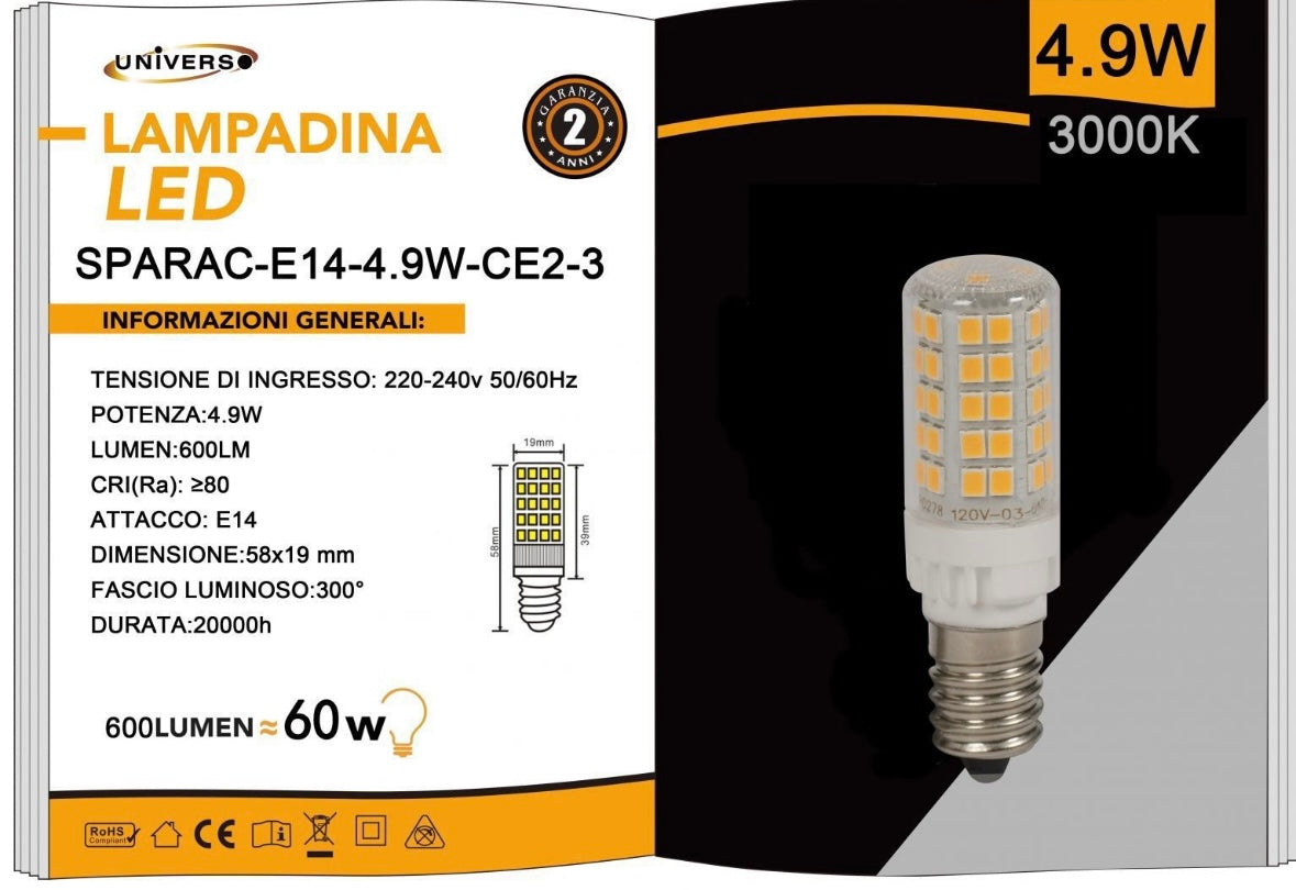 Lampadine LED E14 4.9W 600LM 3000K 10 Pezzi SPARAC-E14-4.9W-CE2-3