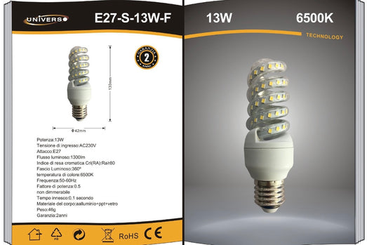 Lampadine LED E27 13W, Confezione da 10 Pezzi, 1300LM, 6500K Bianco Freddo, Lampadina LED a Spirale, CRI>80, Illuminazione 360°, Risparmio Energetico, Modello E27-S-13WF