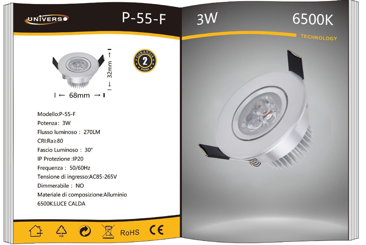 Faretti LED da Incasso 3W, Kit da 5 Pezzi, COB LED 270 lm, Foro Ø68 mm, Luce 3000K/4000K/6500K, Fascio 30°, AC 85-265V, Corpo in Alluminio, Faretto da Soffitto per Cartongesso,P-55