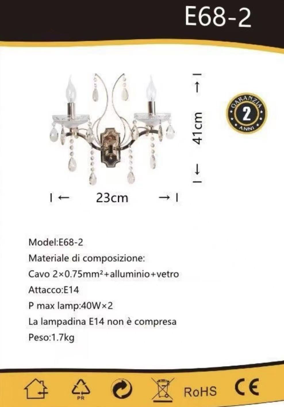 TEKHOME Applique da Parete Classica con Cristalli, 2XE14, Oro, Lampada da Parete in Stile Candelabro per Soggiorno, Camera da Letto, Corridoio E68-2