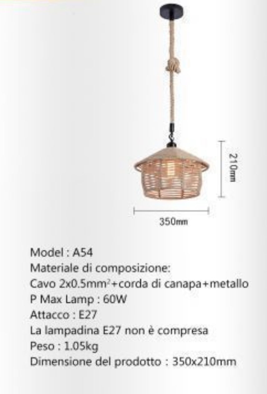 Lampadario a sospensione con paralume a cono in corda di canapa stile vintage retrò lampada attacco E27 cucina soggiorno A54