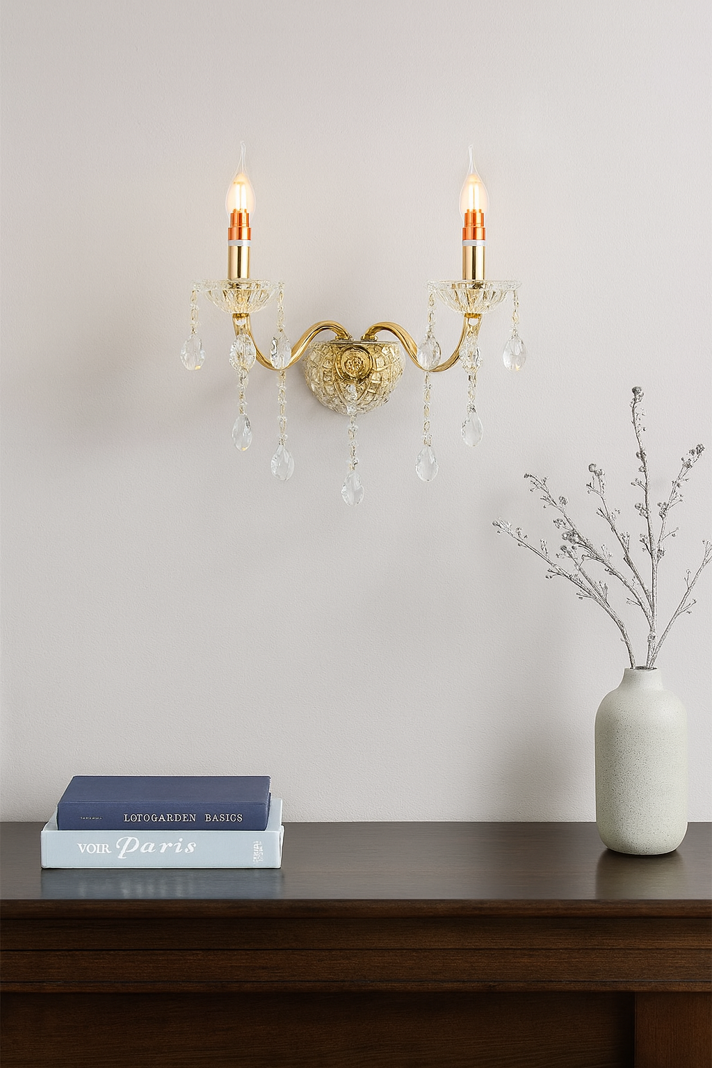 TEKHOME Applique da Muro Classica in Cristallo 2 Luci, Portalampada E14, Lampada da Parete Stile Candelabro, Vari Colori E35