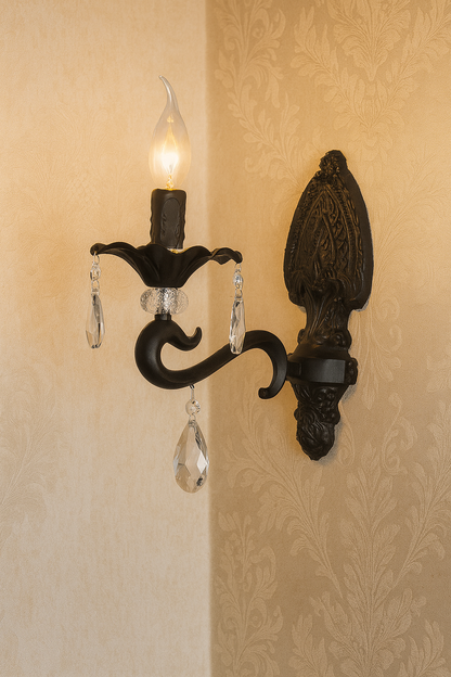 TEKHOME Applique da Parete Classica 1 Luce,Stile Candelabro con Pendenti in Vetro,Attacco E14,Struttura in Metallo,Nero/Bianco,Lampada da Parete per Camera da Letto,Soggiorno e CorridoioE43-1