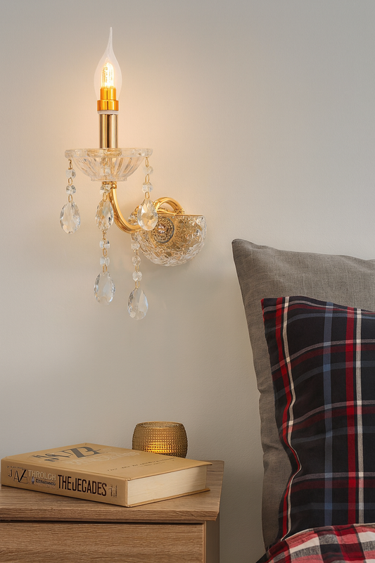 TEKHOME Applique da Parete Classica a Candela con Cristalli, Attacco E14, Lampada da Muro in Vetro e Alluminio, Colore Oro/Argento, per Camera da Letto, Soggiorno e Corridoio E34