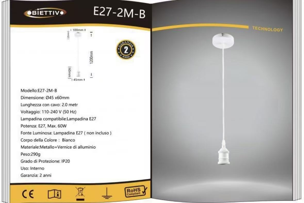 Porta Lampadina E27 a Sospensione 1.2M in Metallo – Vintage Industriale, Attacco E27 Max 60W, Cavo 1.2 Metri, Portalampada per Cucina, Bar, Sala, Soffitto E27SERIE