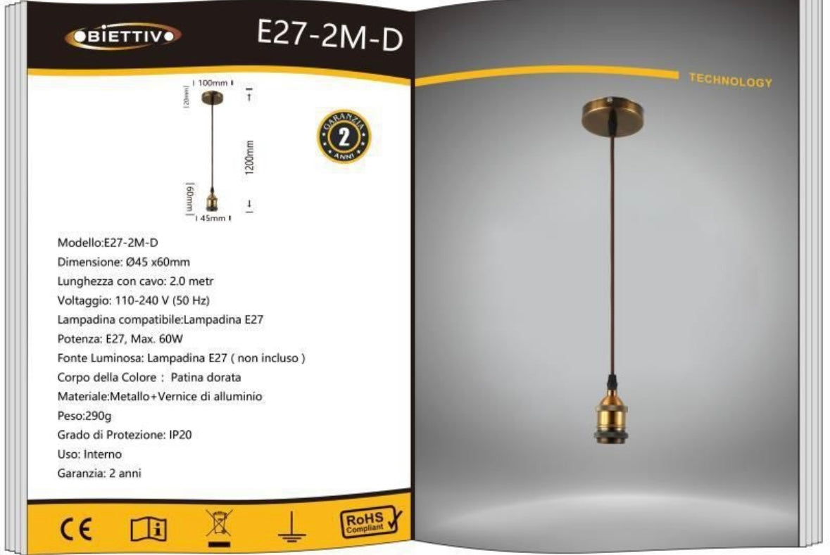 Porta Lampadina E27 a Sospensione 1.2M in Metallo – Vintage Industriale, Attacco E27 Max 60W, Cavo 1.2 Metri, Portalampada per Cucina, Bar, Sala, Soffitto E27SERIE
