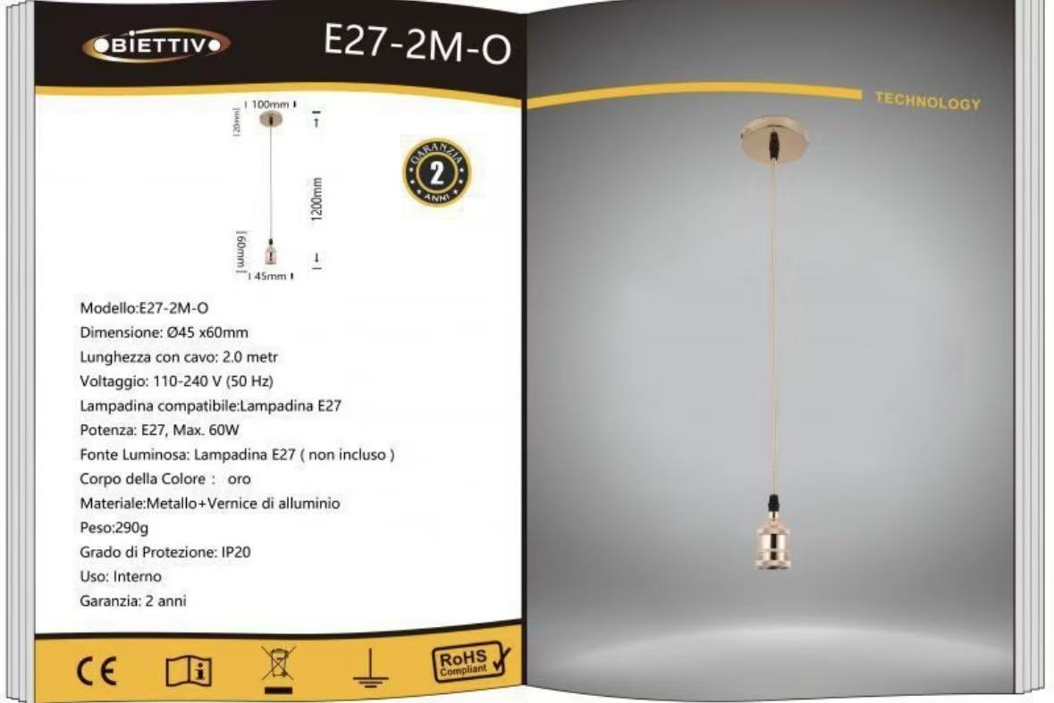 Porta Lampadina E27 a Sospensione 1.2M in Metallo – Vintage Industriale, Attacco E27 Max 60W, Cavo 1.2 Metri, Portalampada per Cucina, Bar, Sala, Soffitto E27SERIE