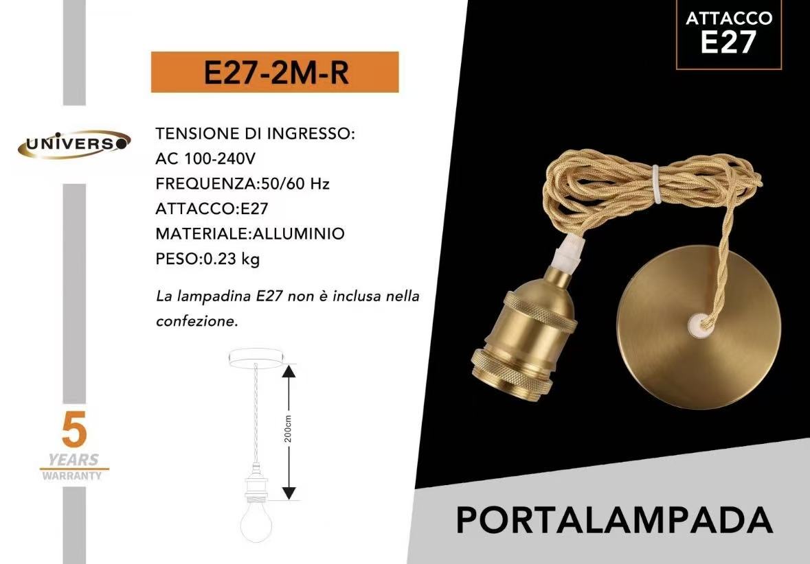 Porta Lampadina E27 a Sospensione 1.2M in Metallo – Vintage Industriale, Attacco E27 Max 60W, Cavo 1.2 Metri, Portalampada per Cucina, Bar, Sala, Soffitto E27SERIE