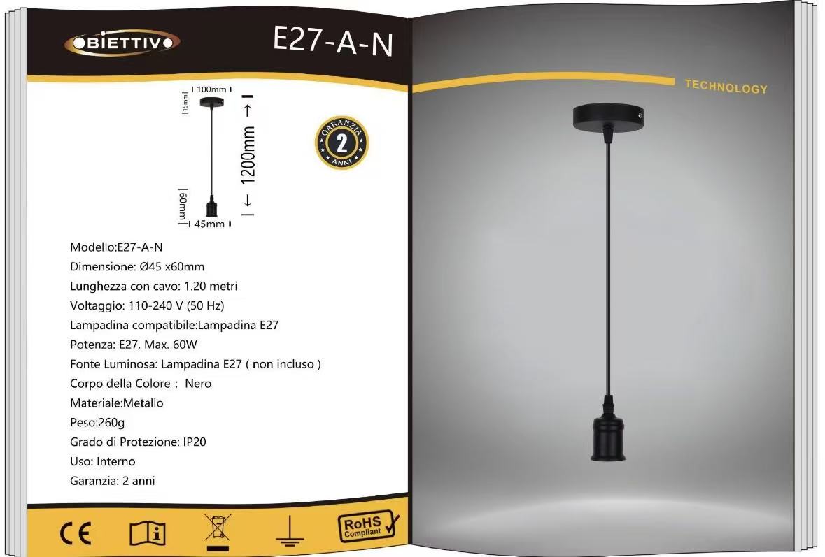 Porta Lampadina E27 a Sospensione 1.2M in Metallo – Vintage Industriale, Attacco E27 Max 60W, Cavo 1.2 Metri, Portalampada per Cucina, Bar, Sala, Soffitto E27SERIE