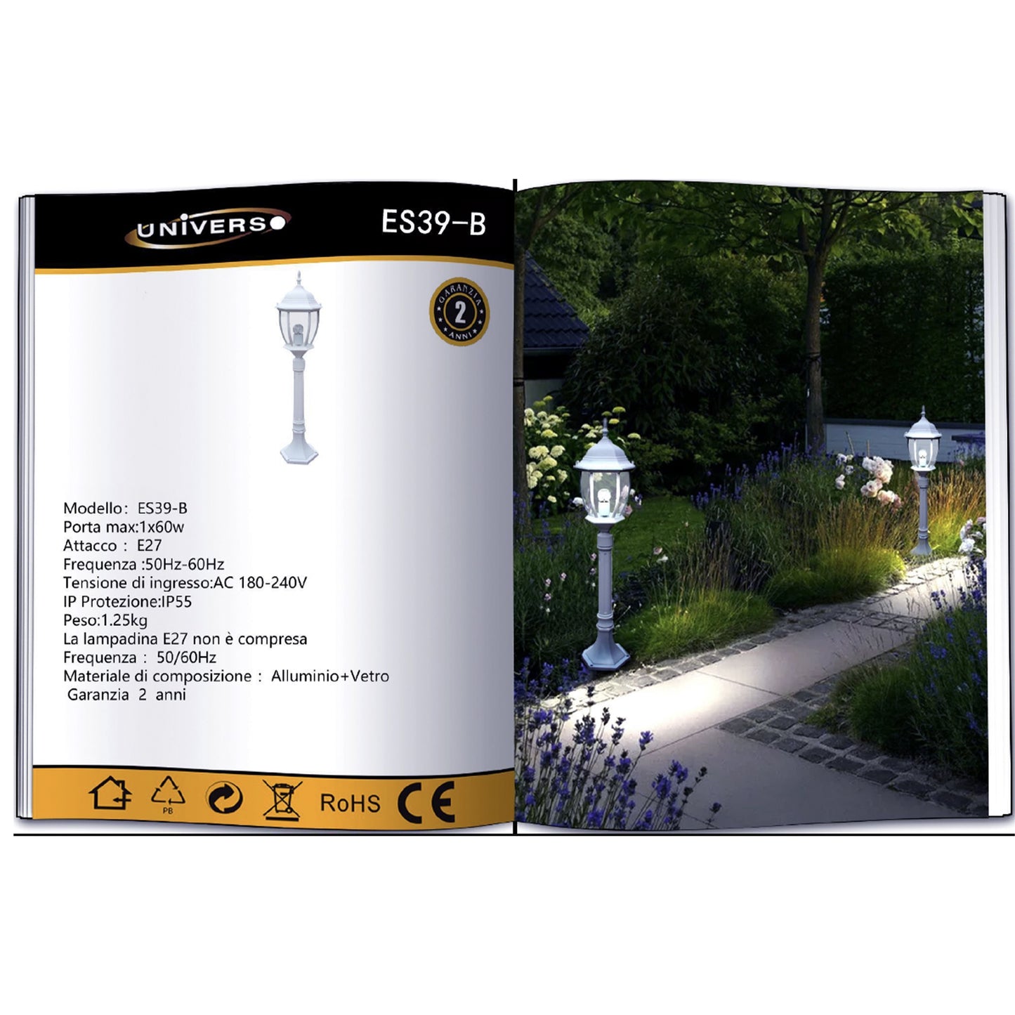 TEKHOME Lampada da Giardino E27 90cm in Alluminio Impermeabile IP55 per Esterno – Palo da Giardino in Stile Classico per Passerella, Cortile, Giardino – Senza Lampadina ES39