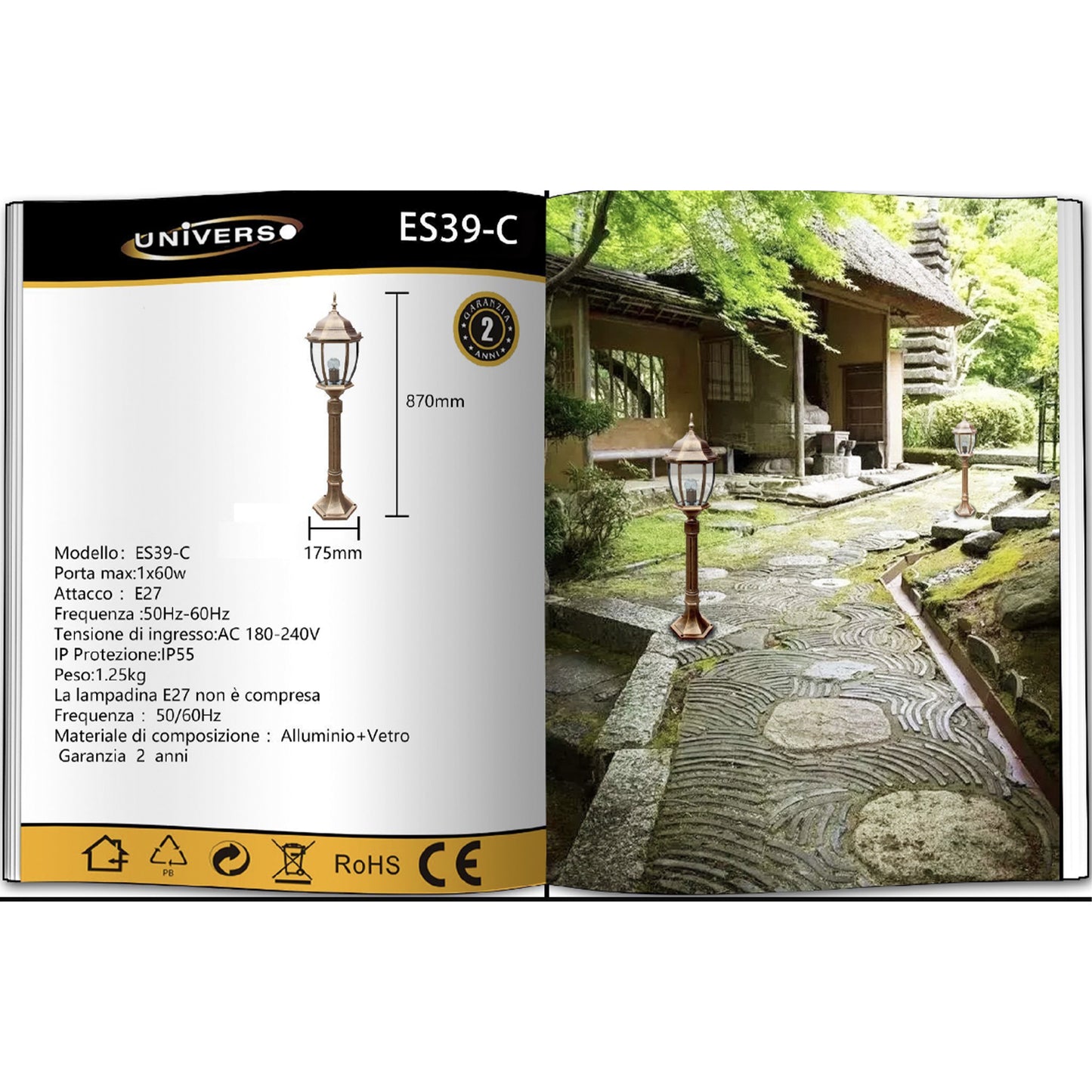 TEKHOME Lampada da Giardino E27 90cm in Alluminio Impermeabile IP55 per Esterno – Palo da Giardino in Stile Classico per Passerella, Cortile, Giardino – Senza Lampadina ES39
