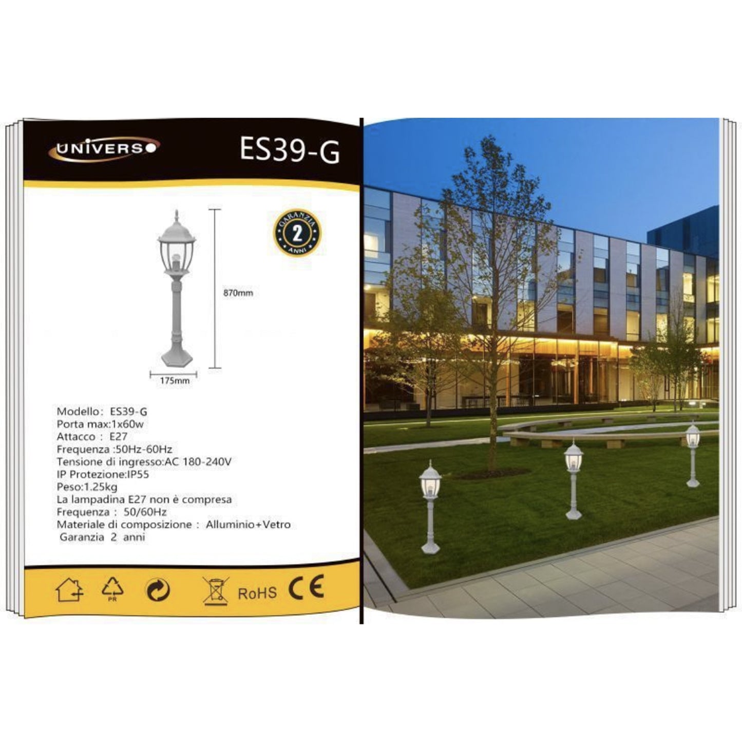 TEKHOME Lampada da Giardino E27 90cm in Alluminio Impermeabile IP55 per Esterno – Palo da Giardino in Stile Classico per Passerella, Cortile, Giardino – Senza Lampadina ES39
