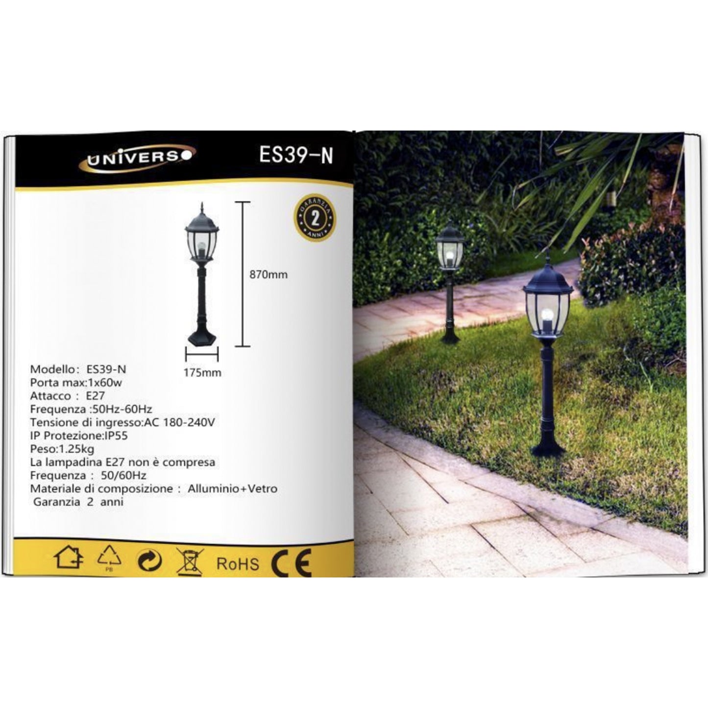 TEKHOME Lampada da Giardino E27 90cm in Alluminio Impermeabile IP55 per Esterno – Palo da Giardino in Stile Classico per Passerella, Cortile, Giardino – Senza Lampadina ES39