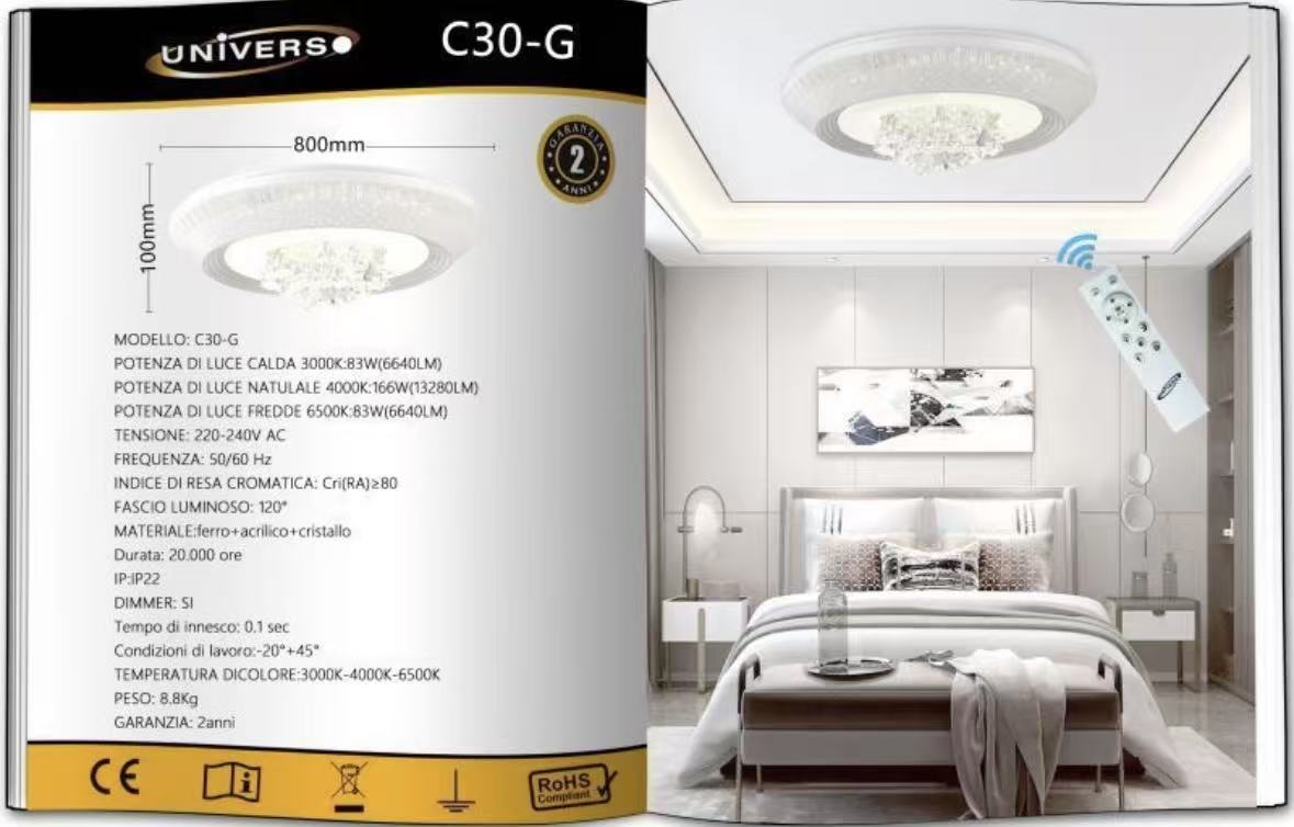 Lampadario LED con Cristalli Dimmerabile con Telecomando 3000K-4000K-6500K, Plafoniera Moderna per Camera da Letto Soggiorno – 3 Misure Disponibili (S/M/G) C30