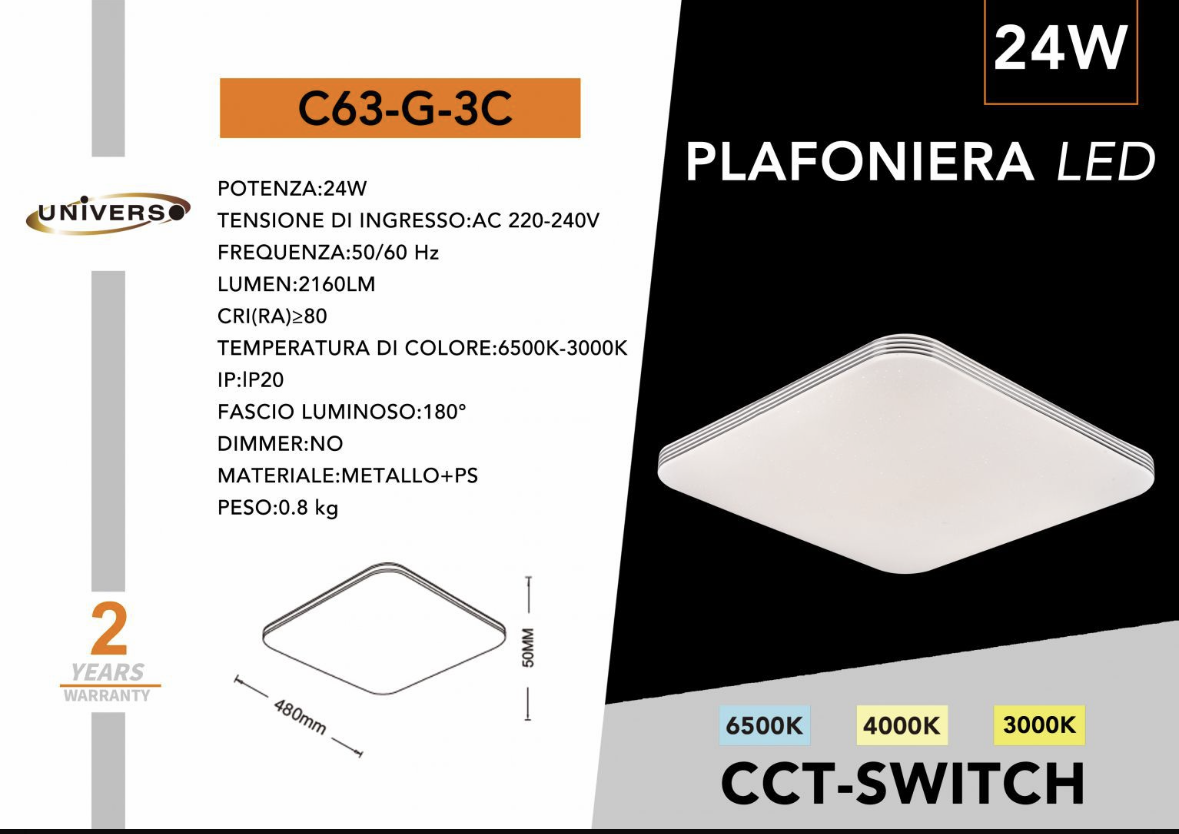 Plafoniera LED 24W Quadrata 480×480 mm/430X430mm, CCT Switch 6500K/4000K/3000K, Luce LED Soffitto Ultra Sottile, IP20, per Cucina Soggiorno Camera – Bianco C63