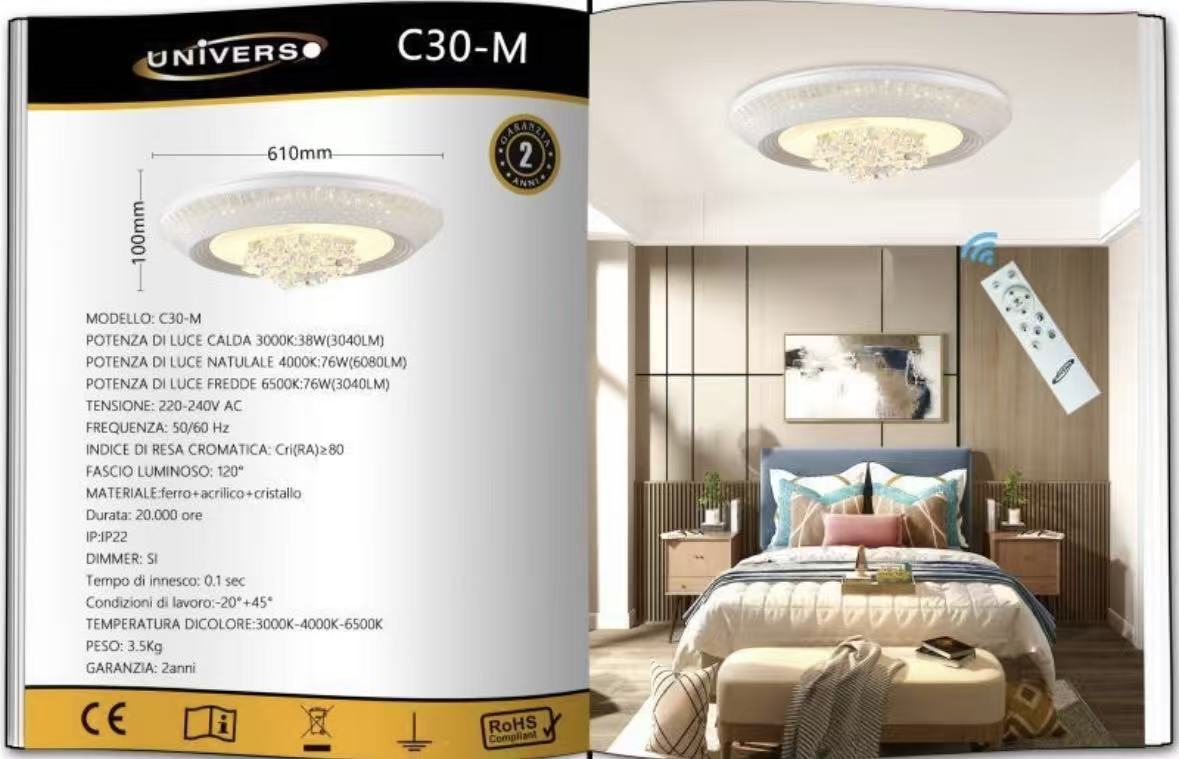 Lampadario LED con Cristalli Dimmerabile con Telecomando 3000K-4000K-6500K, Plafoniera Moderna per Camera da Letto Soggiorno – 3 Misure Disponibili (S/M/G) C30