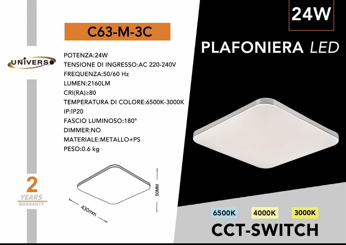 Plafoniera LED 24W Quadrata 480×480 mm/430X430mm, CCT Switch 6500K/4000K/3000K, Luce LED Soffitto Ultra Sottile, IP20, per Cucina Soggiorno Camera – Bianco C63