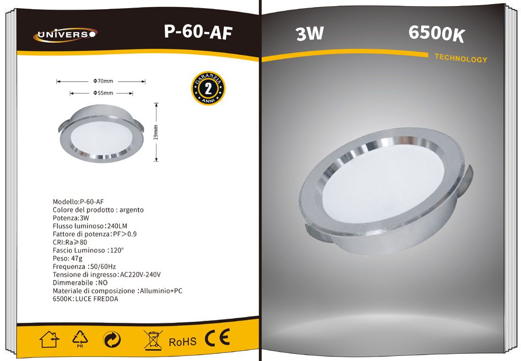 TEKHOME 3PZ Lampadina da Soffitto LED 3W Ø70mm, 240LM, CRI≥80, Alluminio+PC, IP20, Foro Ø55mm, Angolo 120°, — Bianco o Argento, 3000K/4000K/6500K P60
