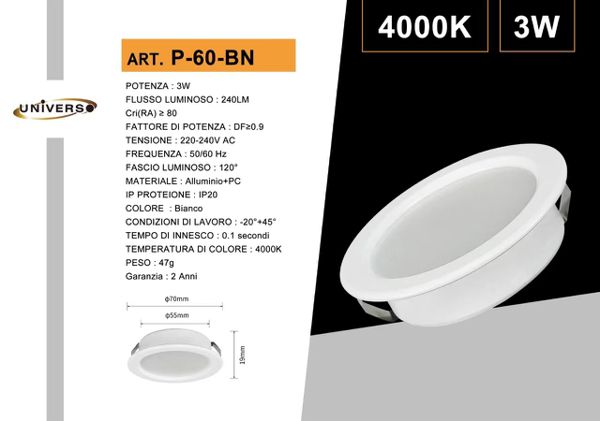 TEKHOME 3PZ Lampadina da Soffitto LED 3W Ø70mm, 240LM, CRI≥80, Alluminio+PC, IP20, Foro Ø55mm, Angolo 120°, — Bianco o Argento, 3000K/4000K/6500K P60
