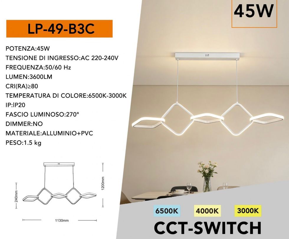 Lampadario LED Moderno a Sospensione Lineare 45W 3600LM, 3 Colori Luce 3000K 4000K 6500K, CCT Switch, Design Ondulato, Lampadario per Sala da Pranzo Cucina Soggiorno – LP-49-B3C