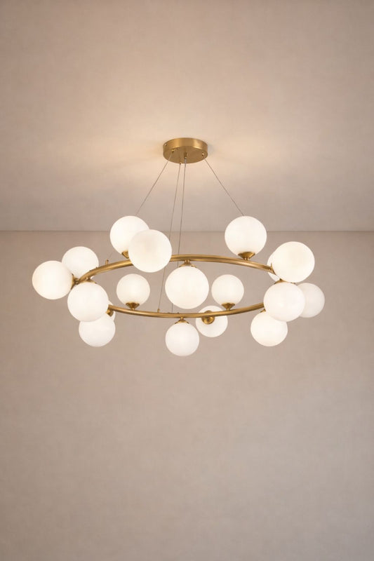 Lampadario a Sospensione Moderno 18 Luci G9, Design con Sfere in pe Opalino, Struttura Oro, Lampadario Elegante per Soggiorno Sala da Pranzo Camera, Stile Nordico – LP-56