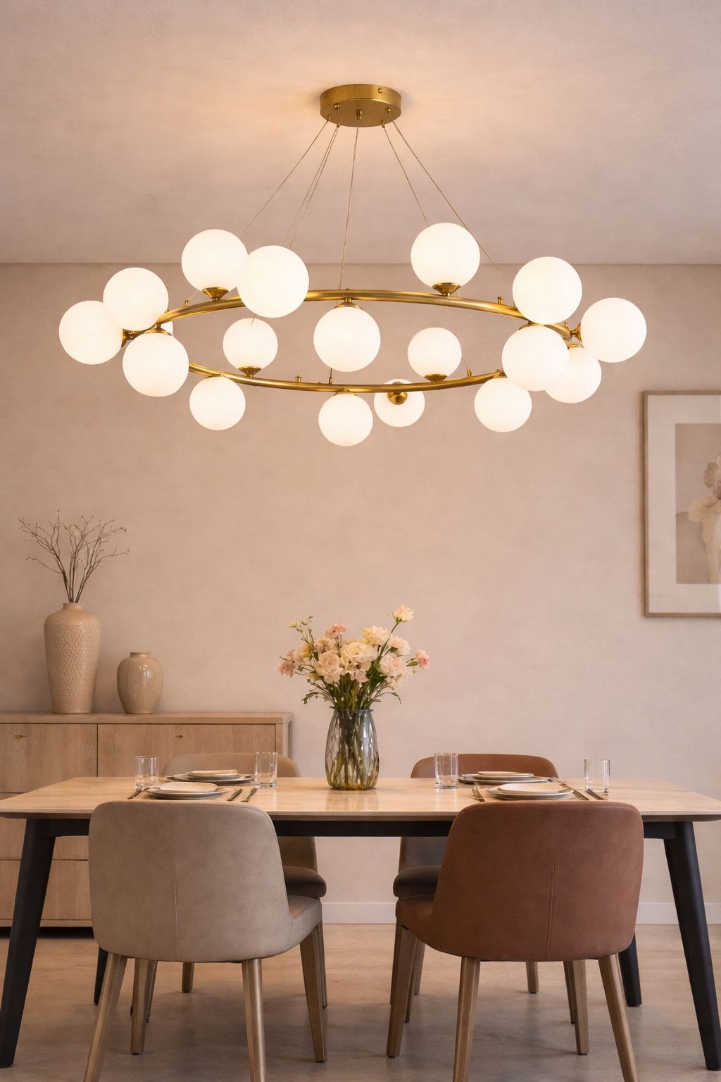 Lampadario a Sospensione Moderno 18 Luci G9, Design con Sfere in pe Opalino, Struttura Oro, Lampadario Elegante per Soggiorno Sala da Pranzo Camera, Stile Nordico – LP-56