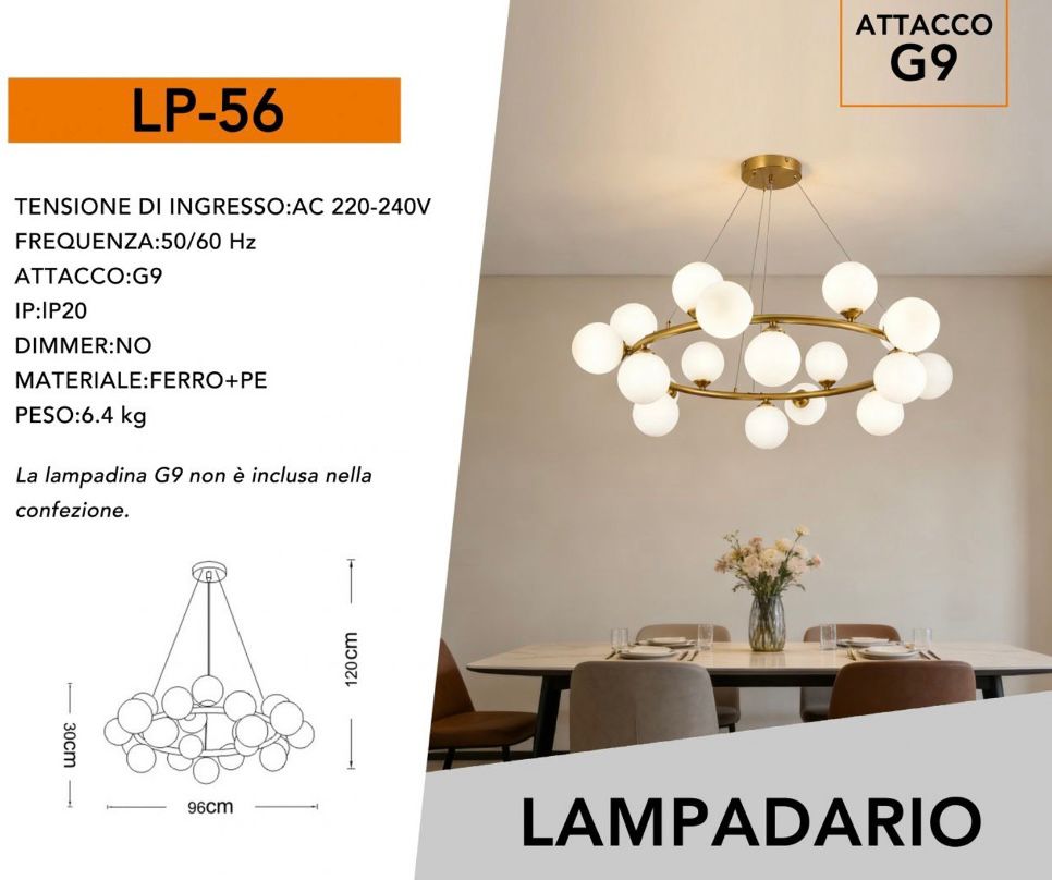 Lampadario a Sospensione Moderno 18 Luci G9, Design con Sfere in pe Opalino, Struttura Oro, Lampadario Elegante per Soggiorno Sala da Pranzo Camera, Stile Nordico – LP-56