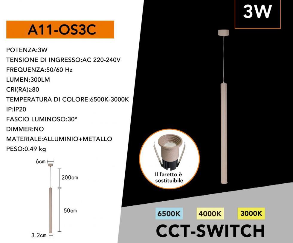 Lampada a Sospensione LED 3W Moderna, Tubo Cilindrico Minimalista con CCT Switch 3000K 4000K 6500K, Luce Focale per Bar Cucina Isola Tavolo – A11-OS3C