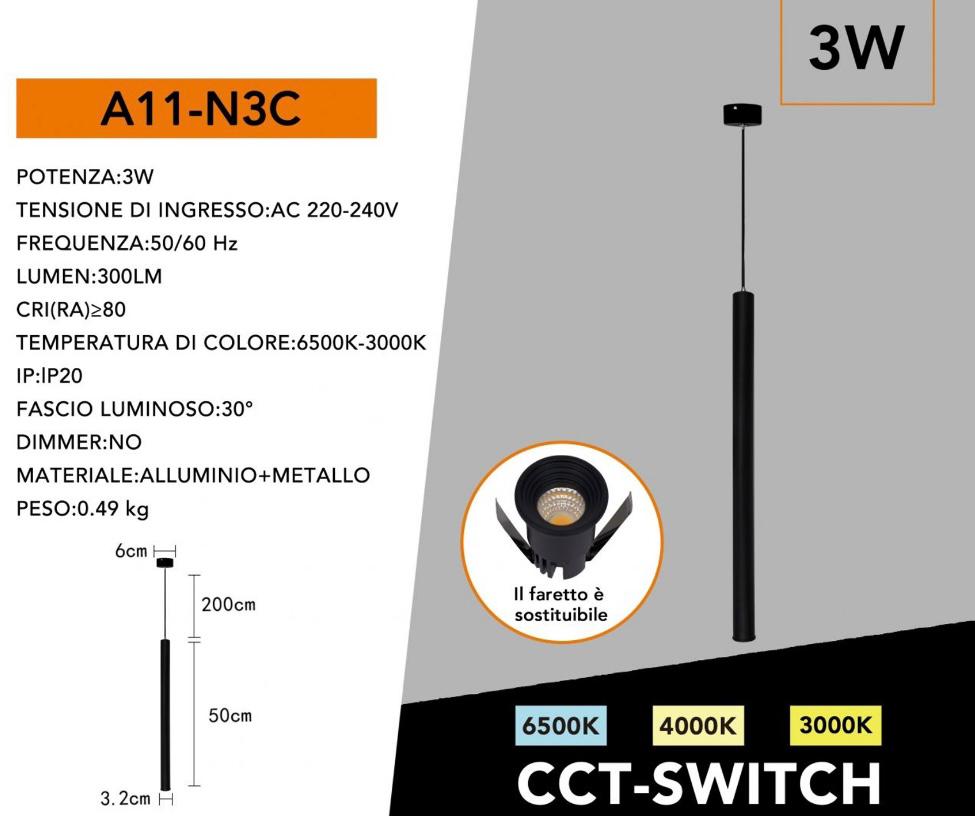 Lampada a Sospensione LED 3W Nera Moderna, Tubo Cilindrico Minimalista con CCT Switch 3000K 4000K 6500K, Luce Focale per Isola Cucina Bar Tavolo – A11-N3C