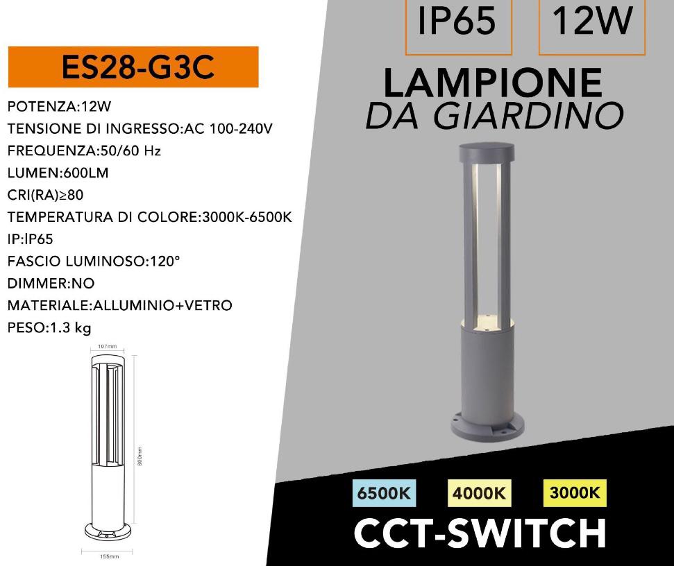 Lampione da Giardino LED 12W IP65, Lampada da Esterno Moderna con CCT Switch 3000K 4000K 6500K, Paletto Luce per Viale Cortile Terrazzo – ES28-G3C