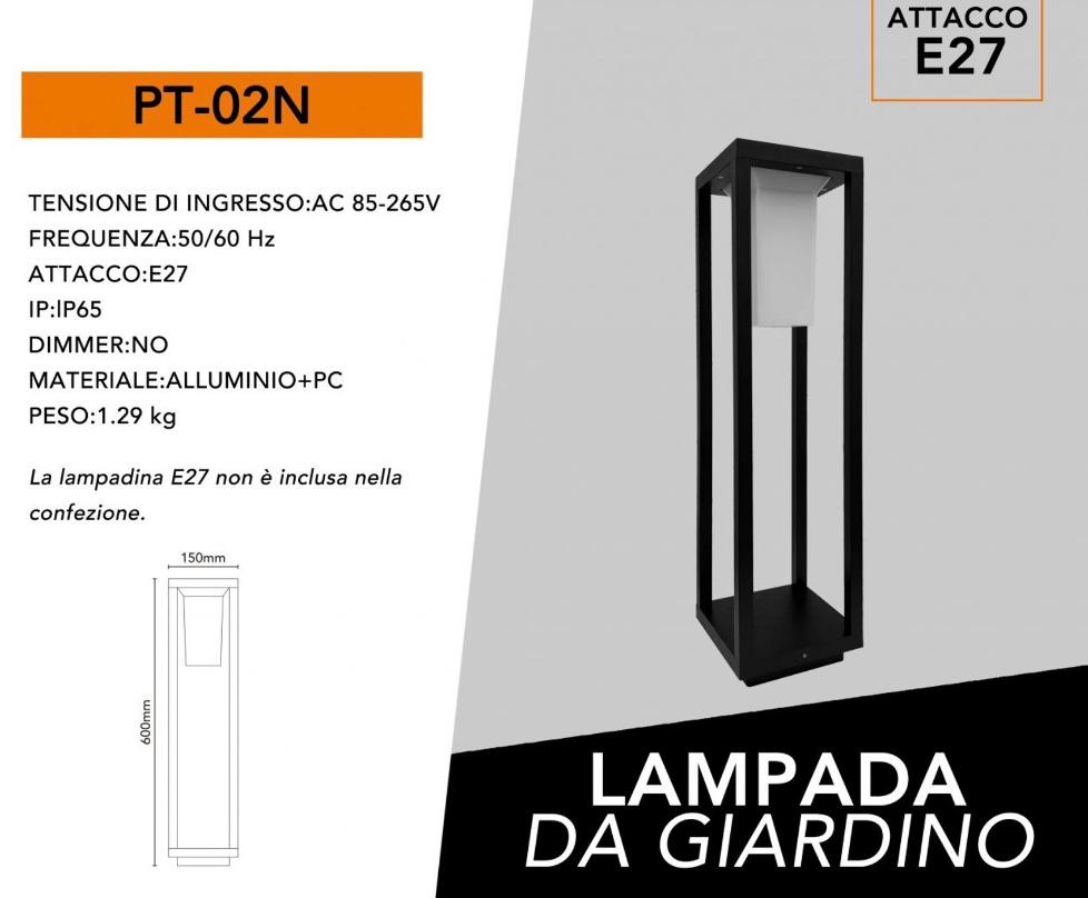 Lampione da Giardino E27 IP65, Lampada da Esterno Moderna in Alluminio, Paletto Luce per Viale Cortile Terrazzo, Nero/Bianco – PT-02