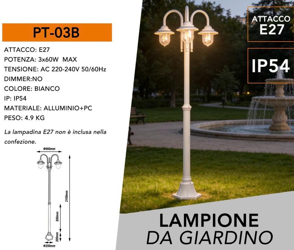 Lampione da Giardino 3 Luci E27 IP54, Lampada da Esterno Stile Classico, Palo Luce per Viale Parco Cortile, Nero/Bianco – PT-03