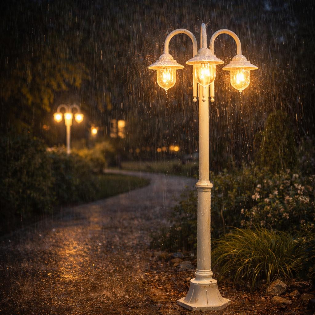 Lampione da Giardino 3 Luci E27 IP54, Lampada da Esterno Stile Classico, Palo Luce per Viale Parco Cortile, Nero/Bianco – PT-03