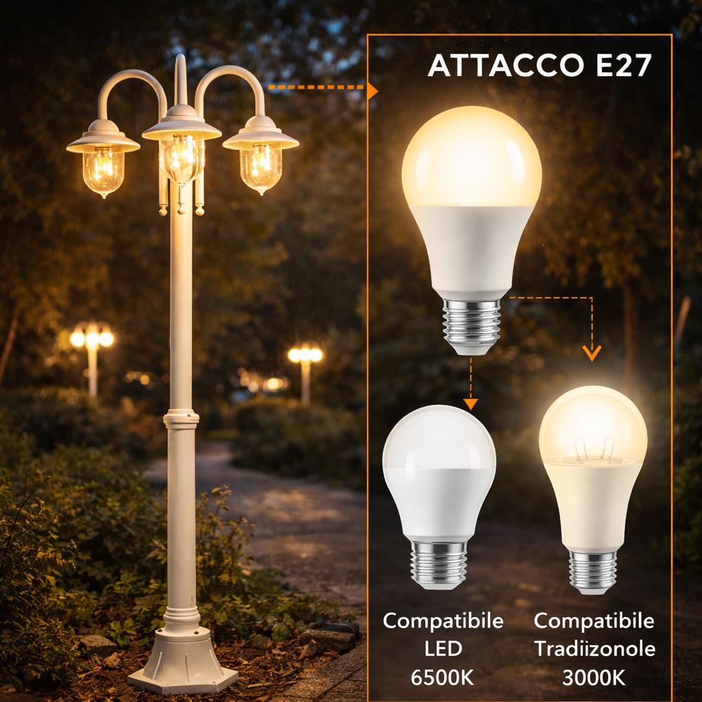 Lampione da Giardino 3 Luci E27 IP54, Lampada da Esterno Stile Classico, Palo Luce per Viale Parco Cortile, Nero/Bianco – PT-03