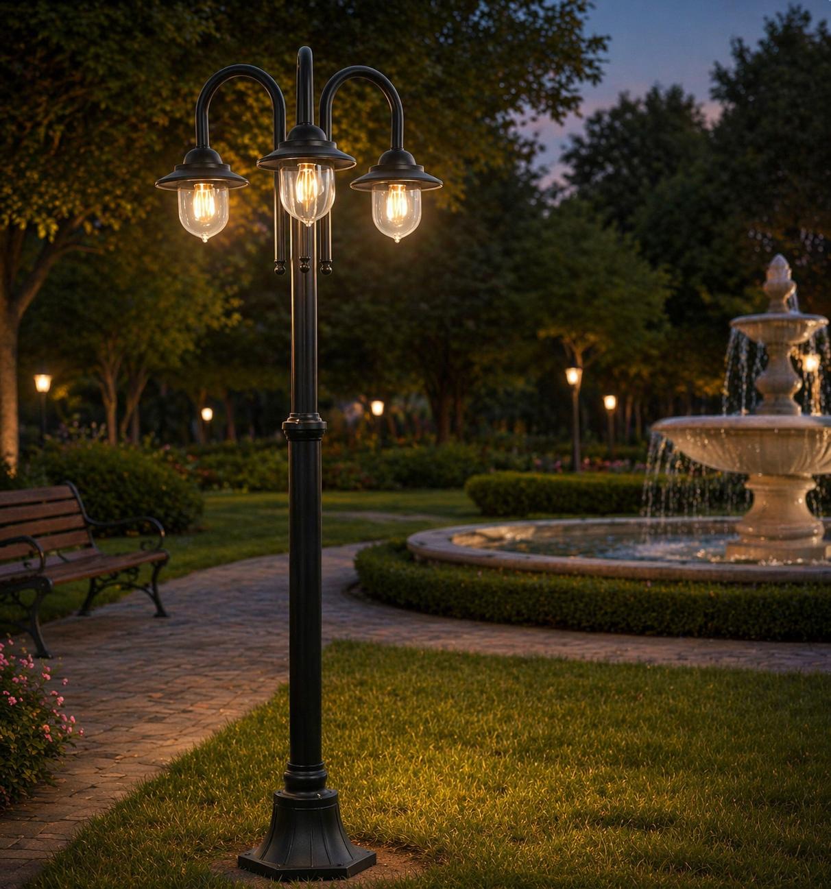 Lampione da Giardino 3 Luci E27 IP54, Lampada da Esterno Stile Classico, Palo Luce per Viale Parco Cortile, Nero/Bianco – PT-03