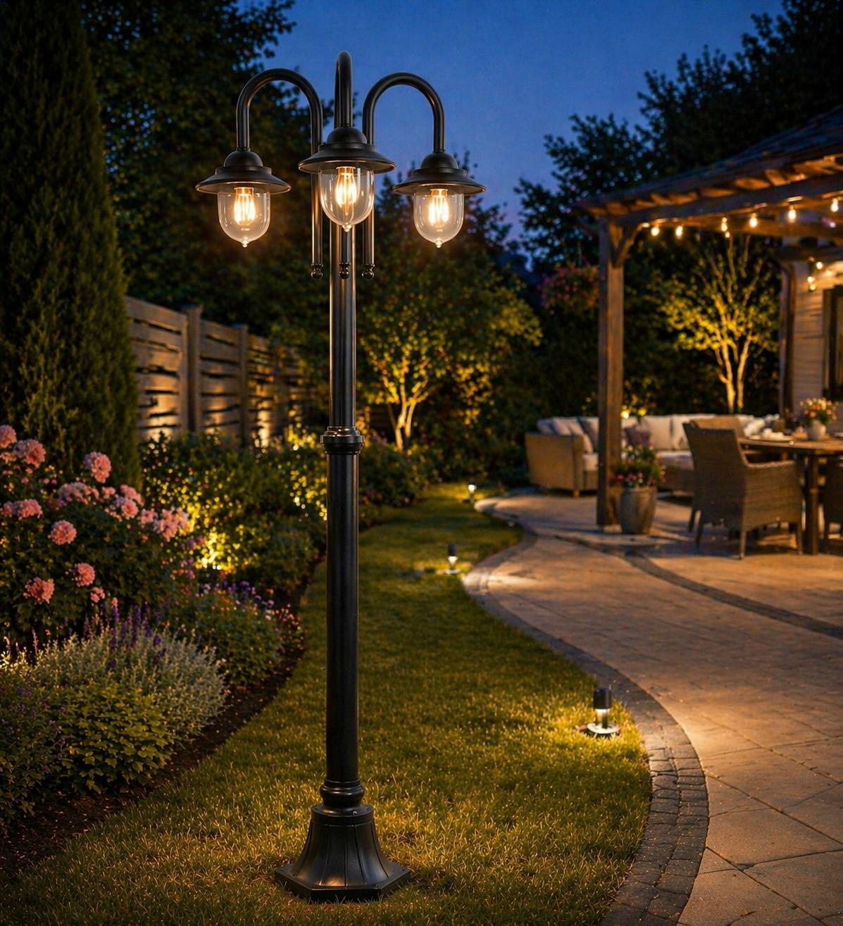 Lampione da Giardino 3 Luci E27 IP54, Lampada da Esterno Stile Classico, Palo Luce per Viale Parco Cortile, Nero/Bianco – PT-03