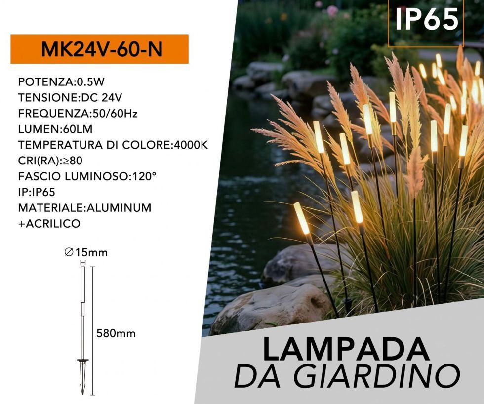 Lampada da Giardino Decorativa LED IP65 24V, Luci Esterno Design Atmosfera per Giardino Prato Bordo Vialetto, Luce Calda Moderna – MK24V-60-N