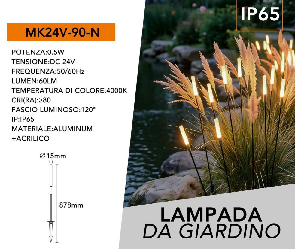 Lampada da Giardino LED Decorativa a Stelo, Luce Calda 4000K IP65 Impermeabile, Picchetto da Esterno per Giardino, Prato e Vialetto, 24V Bassa Tensione, Design Naturale Effetto Canna MK24V-90